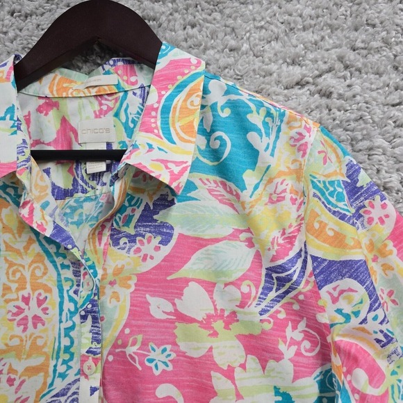 Chicos Shirt Women 3 XL Colorful Button Up 3/4 Sleeve‎ Tie Flowers Beach Artsy - Picture 3 of 11